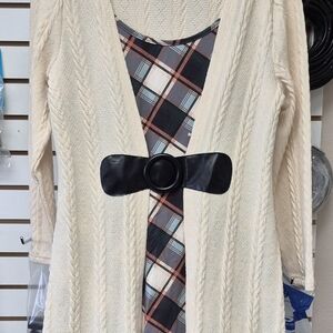Cream Cable Knit Cardigan with Plaid Detail